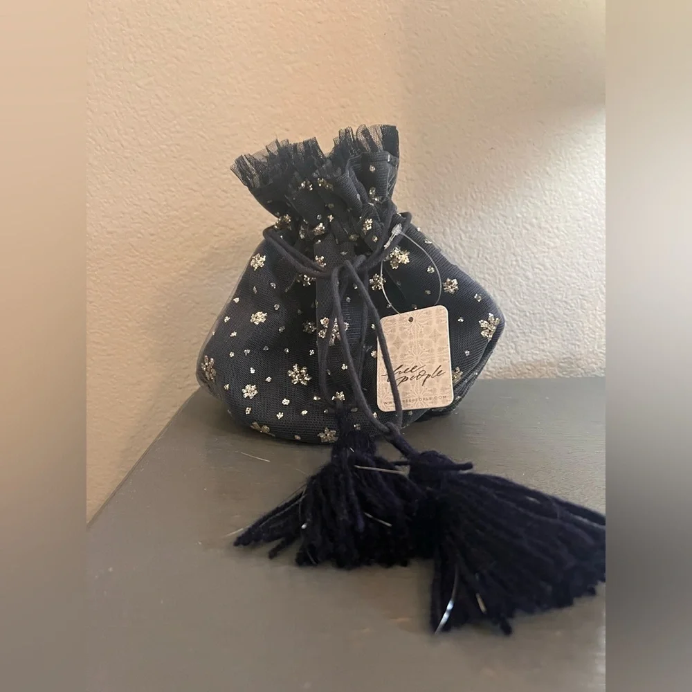 Free People Navy Metallic Tassel Gift Pouch NWT